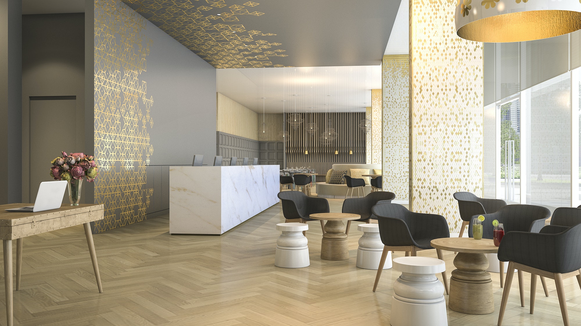 3d rendering luxury hotel reception and lounge